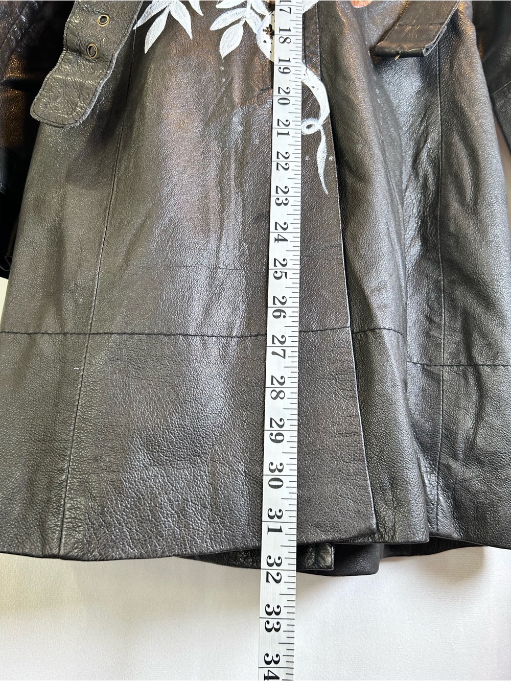 Y2K Le Château Black Leather Trench Coat Painted Back Graphic 90’s Grunge Size S - Picture 2 of 14